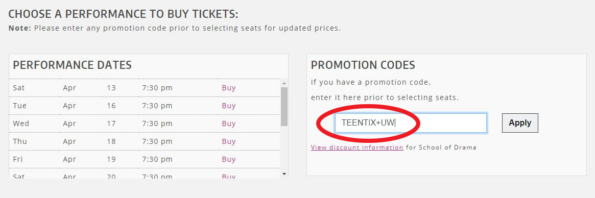 TeenTix Discount Code Instructions