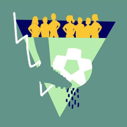 Foot kicking soccer ball on green background