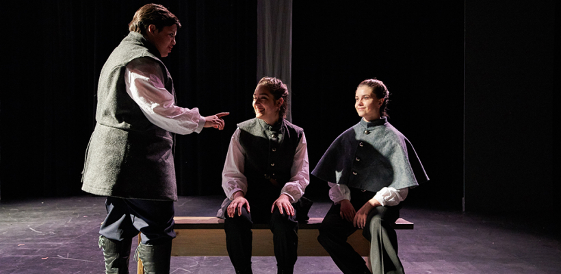 Kayleah Lewis [left] as Barnardo in UTS' Hamlet, Costumes by Isabel Martin, Directed by Megan Brewer