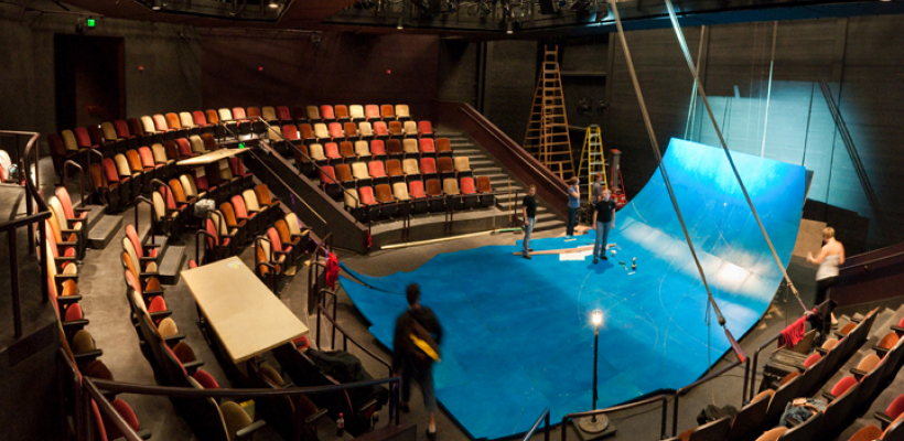 Interior panorama of the stage in the Jones Playhouse with sets for The Tempest