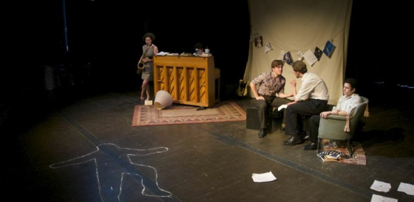 Chalk outline, saxiphone player and pianist, two men talking to each other, and one sitting in a chair.