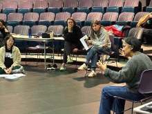 Rosa Joshi leads MFA PATP 3 students through ensemble-based movement during an Upstart Crow Collective workshop. 