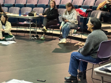 Rosa Joshi leads MFA PATP 3 students through ensemble-based movement during an Upstart Crow Collective workshop. 