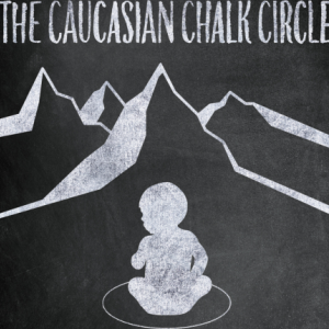 Black and White Graphic of mountains and a baby sitting in a chalk circle