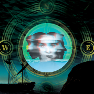 A graphic of a womans face shape shifting over a sail boat and compass