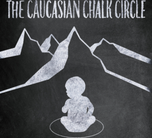 Black and White Graphic of mountains and a baby sitting in a chalk circle