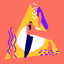 Graphic design of a hand holding a knofe