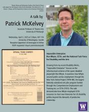 Poster featuring image of Patrick, smiling and wearing glasses