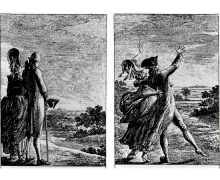 a drawing of two historical figure overlooking a field