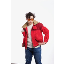 Man wearing a red Pocket Pizza Parka