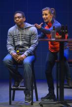 Eddie Ray Jackson and Jenny Mercein in the world premiere of X’s and O’s (A Football Love Story). Photo by Kevin Berne.