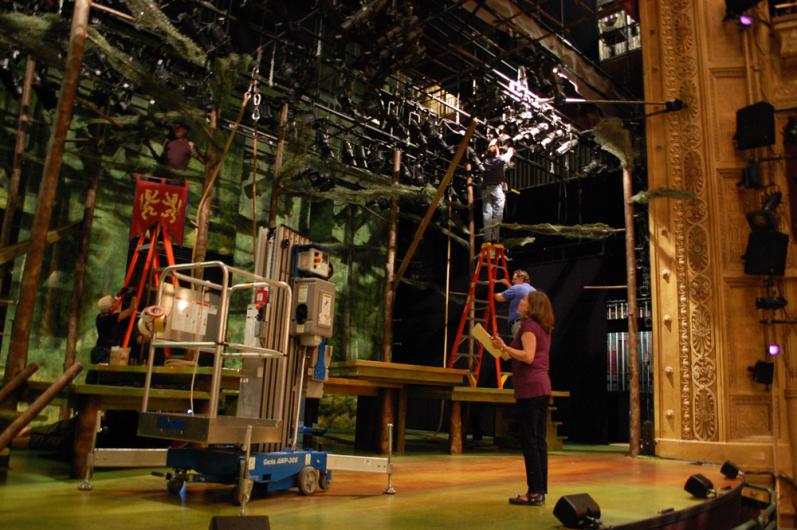 Jennifer installing "Robin Hood" on the stage in New York.