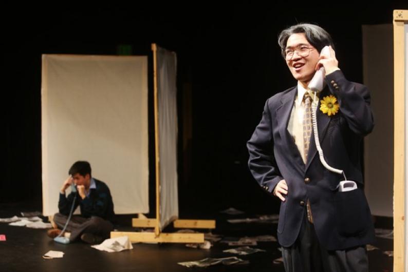 David Henry Hwang, played by Mikko Juan, left, receives advice from his optimistic father, played by Season Qiu, right, in the new UTS show, "Yellow Face." Photo by Johanna Lundahl.