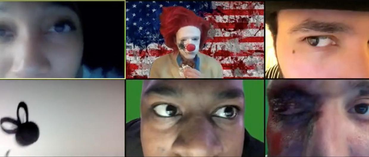 Six actors in individual Zoom frames, in a scene of the play So Far So Good