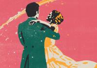 Man and woman dancing with comet streaking through sky