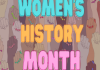 Graphic with blue orange and pick bold words Women's History Month