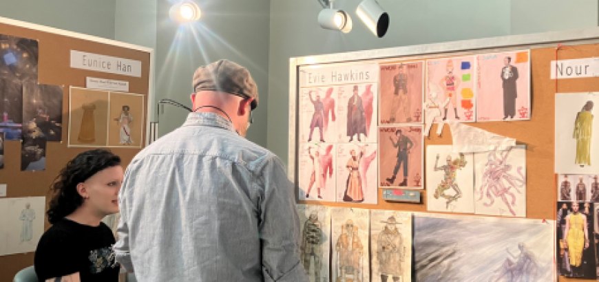 A person looking at a artwork