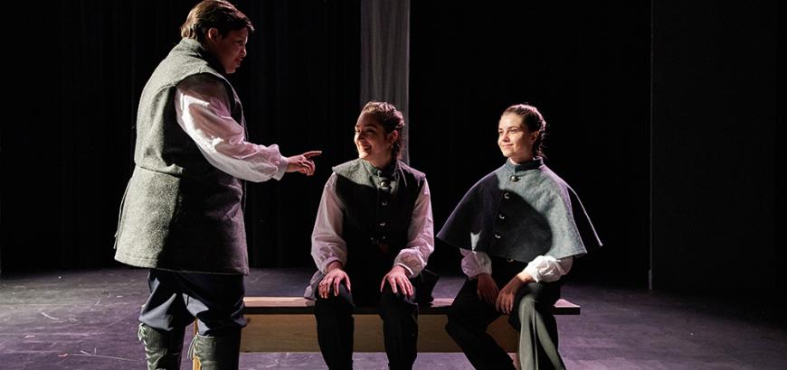 Kayleah Lewis [left] as Barnardo in UTS' Hamlet, Costumes by Isabel Martin, Directed by Megan Brewer