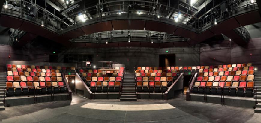 Interior panorama of seating from the stage in the Jones Playhouse. 