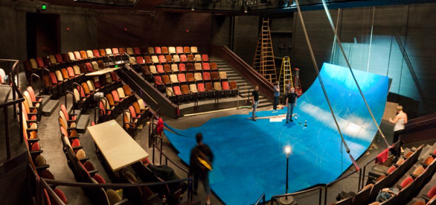Interior panorama of the stage in the Jones Playhouse with sets for The Tempest