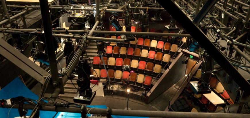 Interior view of seating from the catwalk in the Jones Playhouse
