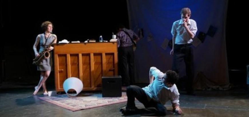 Two men look at a chalk outline on the ground; a woman holds a saxaphone next to a piano.