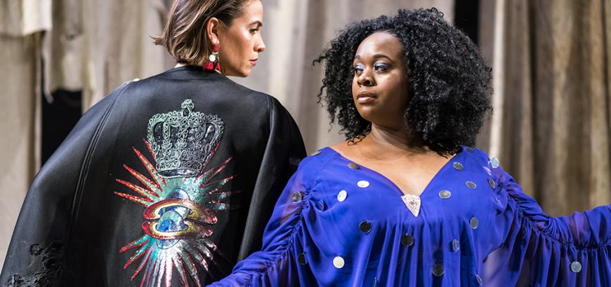 Bridget McKevitt and Bria Henderson in Trojan Women: A Love Story / Costume Design by Emily Woods Hogue / Photo by Robert Wade