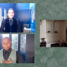 three zoom panels featuring Rector Kroll, Johannes Rosmer, and Rebecca West