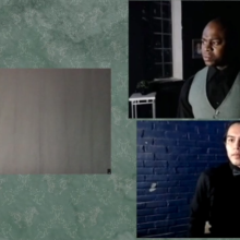three zoom panels featuring Mrs. Halseth peaking in from the left while Johannes Rosmer and Rector Kroll on the right stacked on top of each other