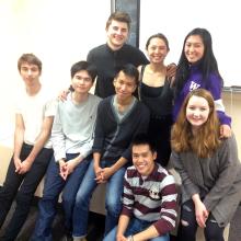 The Yellow Face team, first row (left to right): Mickey McDonnell, Cory Lee, Simon Tran, Mikko Juan, and Gabrielle Boettner; second row (left to right): Peter Sakowicz, Elizabeth Wu, and Anna Saephan