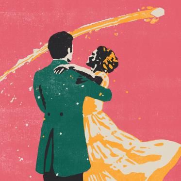 Man and woman dancing with comet streaking through sky